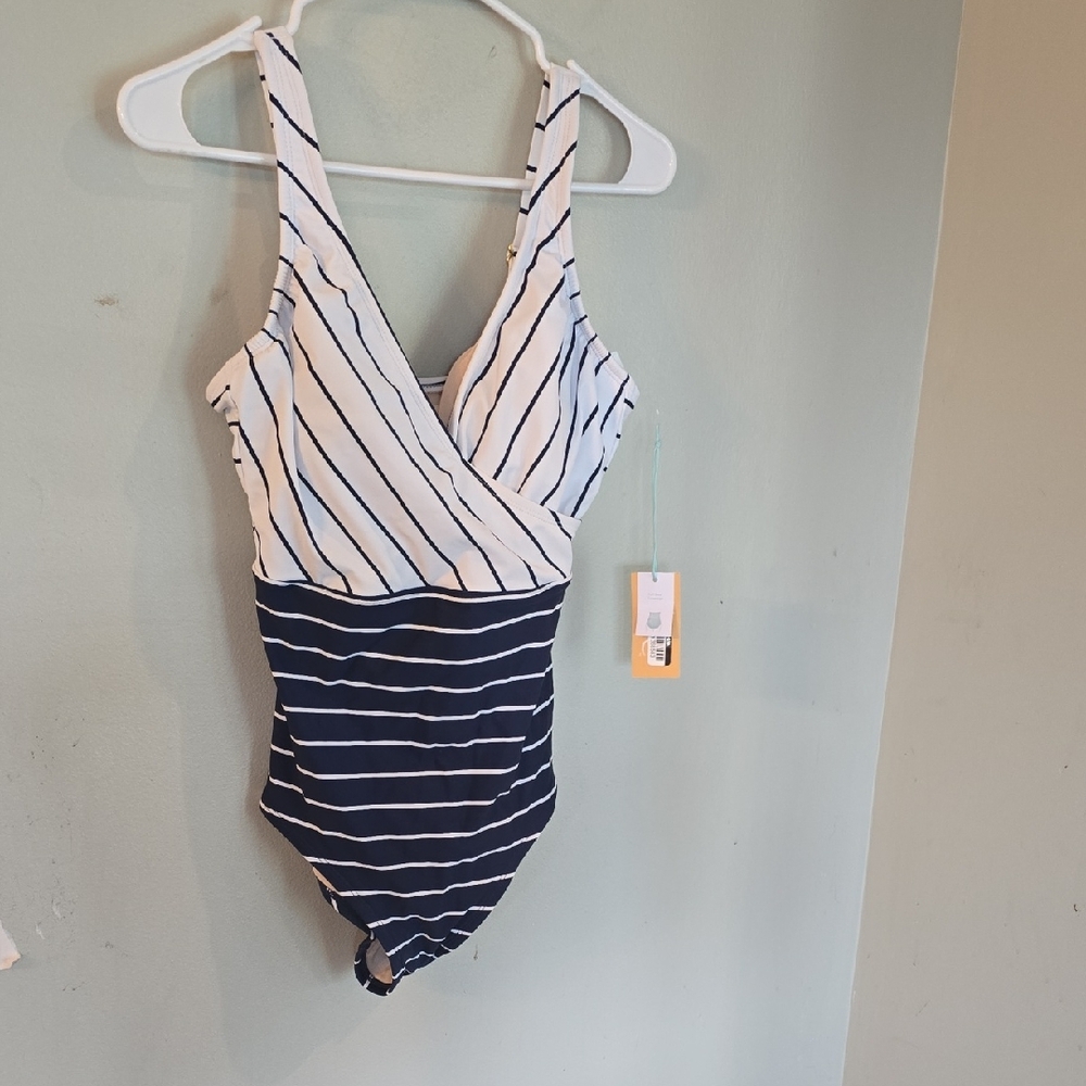 Kona Sol Striped V Neck One Piece Swimsuit